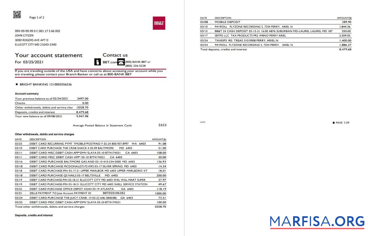 Printable USA North Carolina BB&T Corp. bank statement word (2 pages) real example